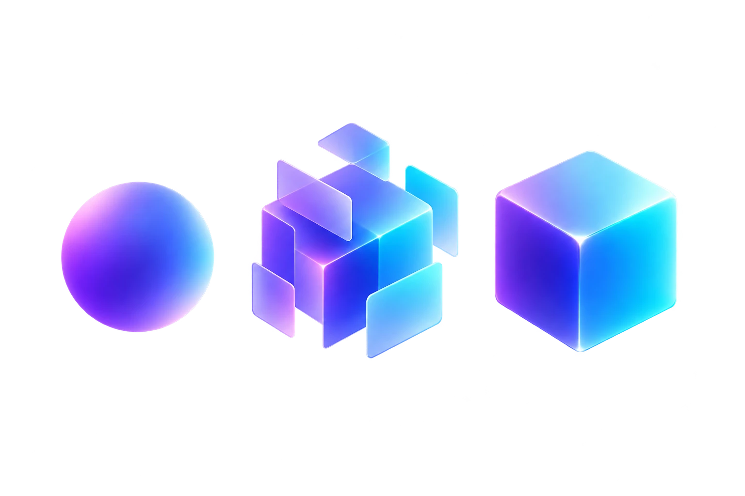 Drei transluzente Glasflächen als Symbol für Idee, Experiment und Produkt