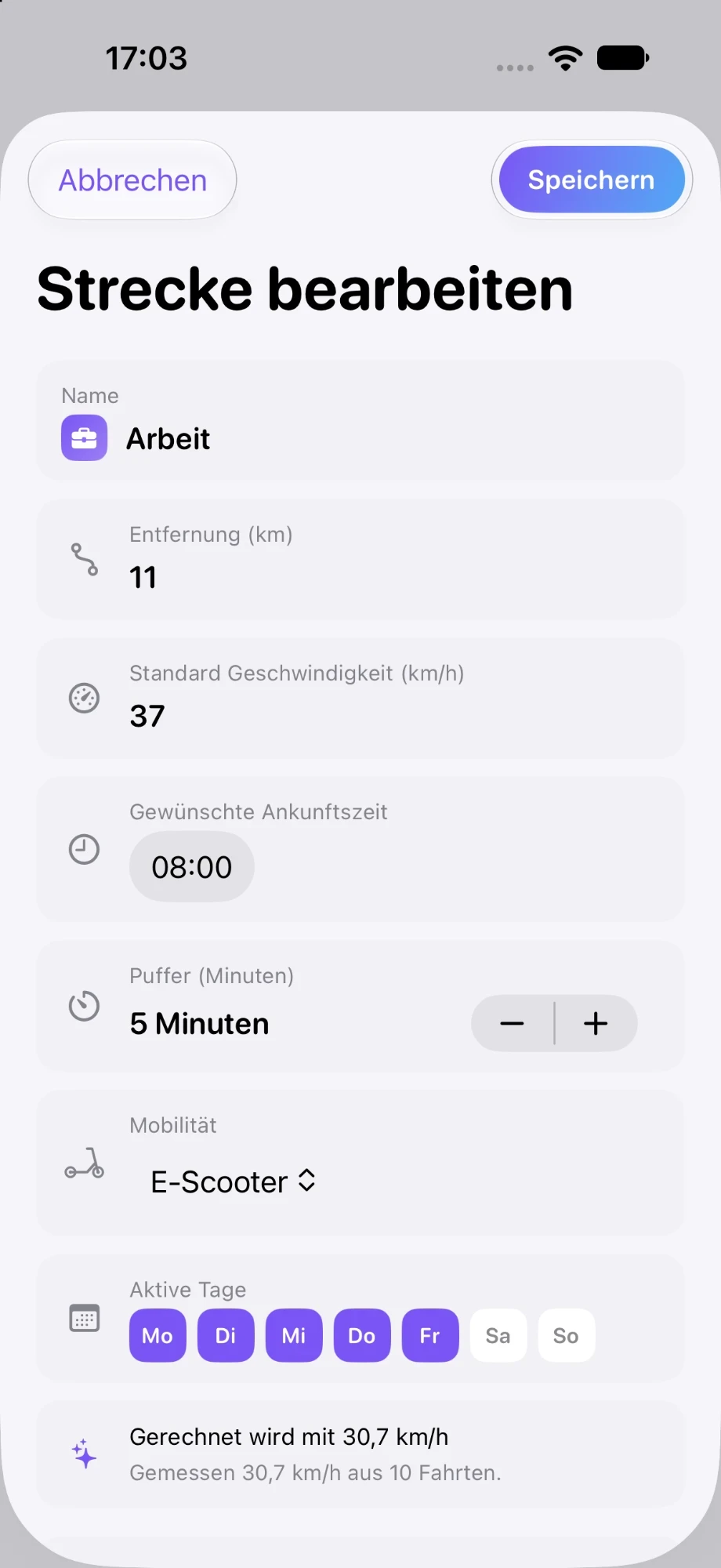 Departr App – Strecke bearbeiten